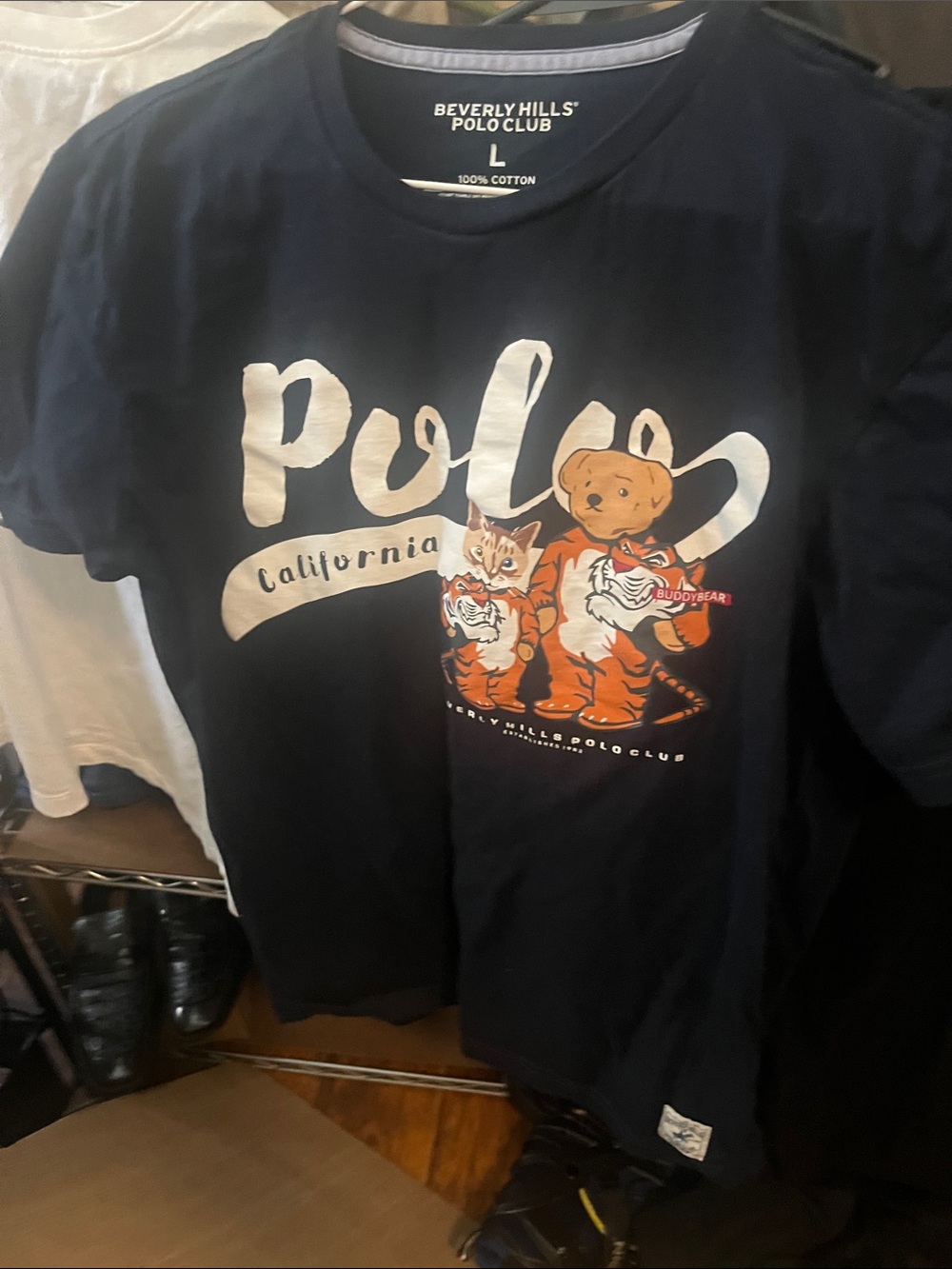 Beverly Hills Polo Club Navy Tee with White Script & Orange Animal Graphic